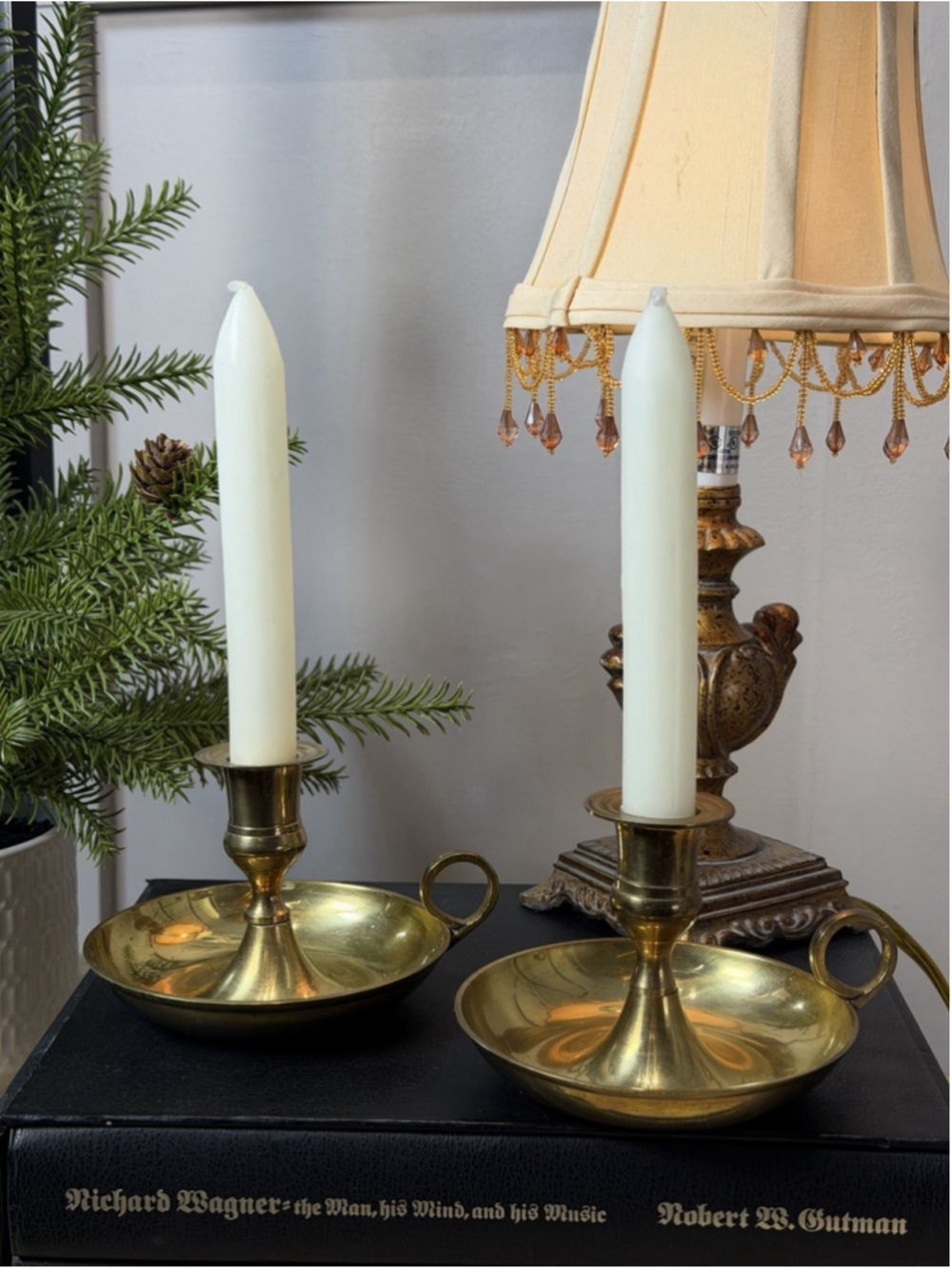 Pair Vintage Brass Chamber Stick Candle Holder with Finger Ring 4.5” each acr
